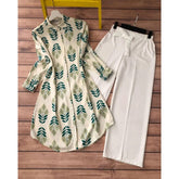 Green Leaf Print Rayon Kurti with White Lycra Palazzo Set